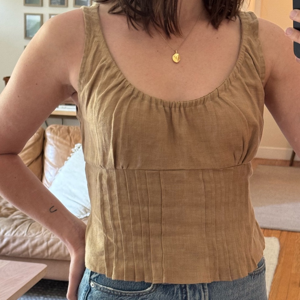 Tan Pleated Tie Front Tank Top